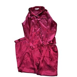 Alexander Del Rossa Womens Burgundy Satin Pajama Set Long Sleeve Pants XS Wine